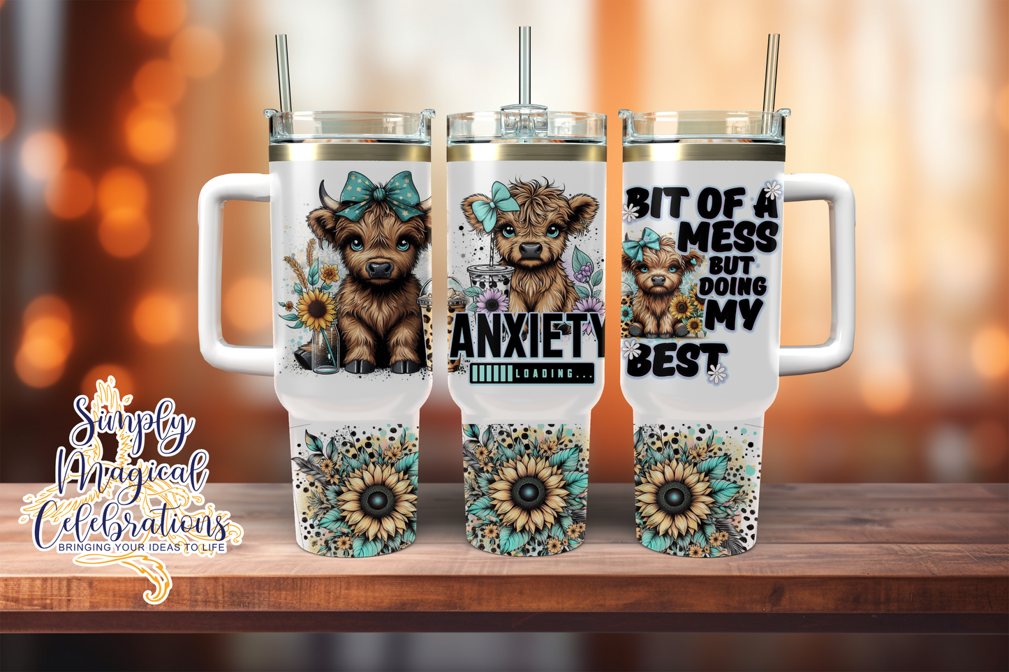 Bit of a Mess Cow with Sunflowers 40oz Tumbler