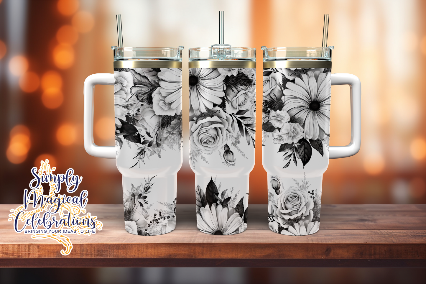 Black and White Floral 40oz Tumbler